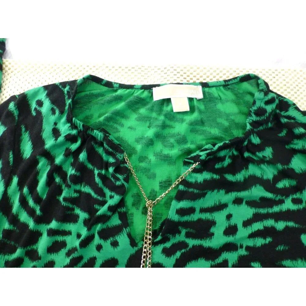 Michael Kors Green & Black Animal Print Long Sleeve Blouse With Gold Chain Accen